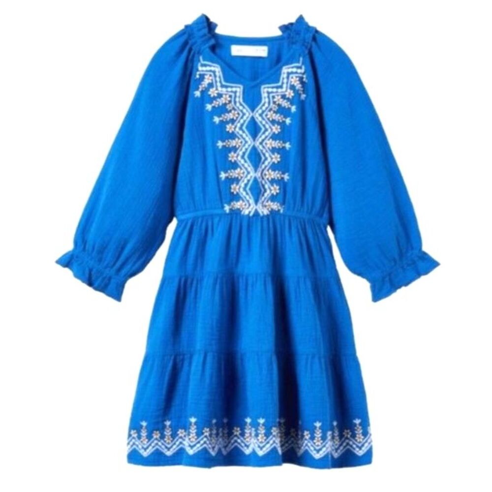Zara Girl's Royal Blue Gauze Floral Embroidered Peasant Style LS Dress Sz 13-14